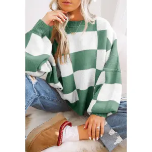 Green Checkered Bishop Sleeve Sweater